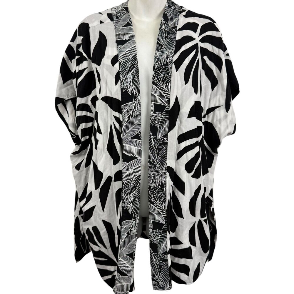 Chicos Printed Boarder Ruana Reversible Womens Open Kimono Jacket Black sz S / M